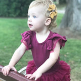 Wine Short Sleeve Tulle Flutter