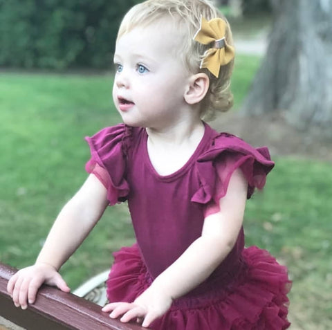 Wine Short Sleeve Tulle Flutter